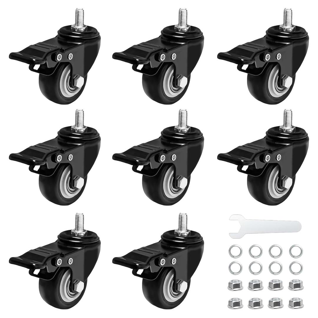 2 Inch Swivel Caster Wheels Set of 8 Metric M8 15mm Threaded Stem Rubber Wheels Double Locking 440 lb Capacity for Cart Desk Furniture Carpet Hardwood Floor 360 Polyurethane No Noise