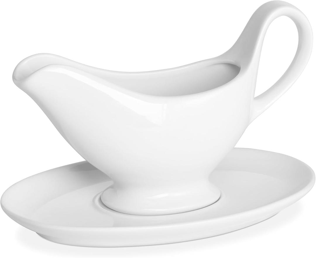 Yedio 12 oz Ceramic Gravy Boat with Saucer  Drip-Free Porcelain Sauce Boat for Gravy, Dressings, Creamer, Milk  Microwave, Oven, Dishwasher Safe  Classic White