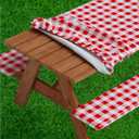 Sorfey Picnic Table Cover with Bench Covers -Fitted with Elastic, Vinyl with Flannel Back, Fits for Table 28"x 72" Rectangle,Water Proof, Checked Red Design