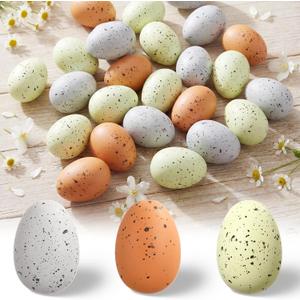 Beeveer 60 Pcs Pastel Easter Speckled Eggs 2.4 in Plastic Speckled Eggs with Pulp Cartons Vase Filler Bowl Basket for DIY Spring Easter Rustic Decor DIY Game Kitchen Craft Adornment(Classic Colors)