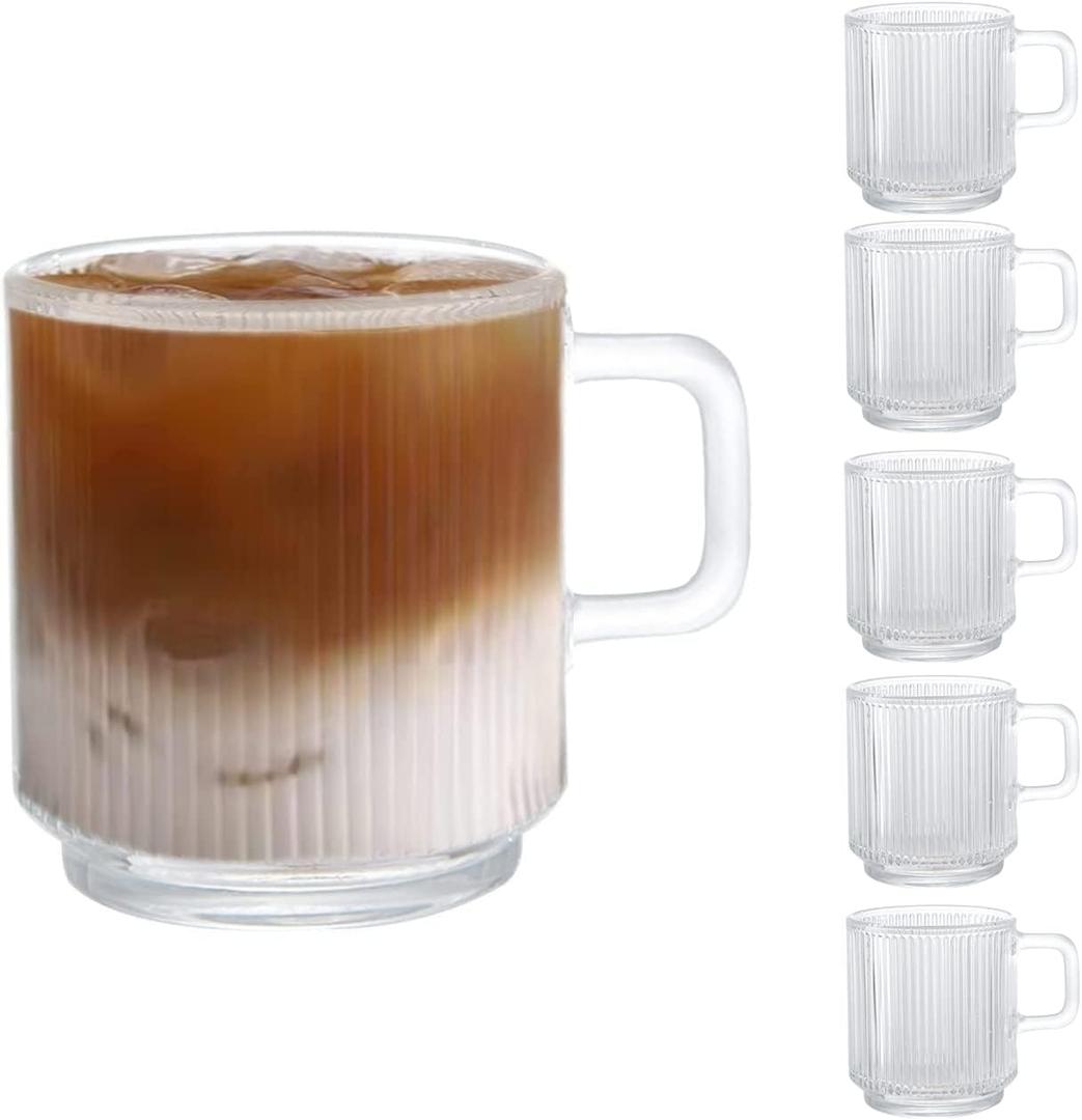 D.M DESIGNMASTER [6 PACK, 12 OZ - Premium Glass Coffee Mugs with Handle. Transparent Tea Glasses for Hot/Cold Beverages, Perfect Design for Americano, Cappuccino, Tea and Beverage.