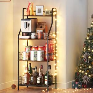 Mini Bar, Snack & Water Bottle Organizer, Coffee Station & Bakers Rack  4-Tier Storage for Wine, Drinks, Snacks, Coffee, Baking Essentials  Vintage Iron Frame with Wood Shelves (Small)