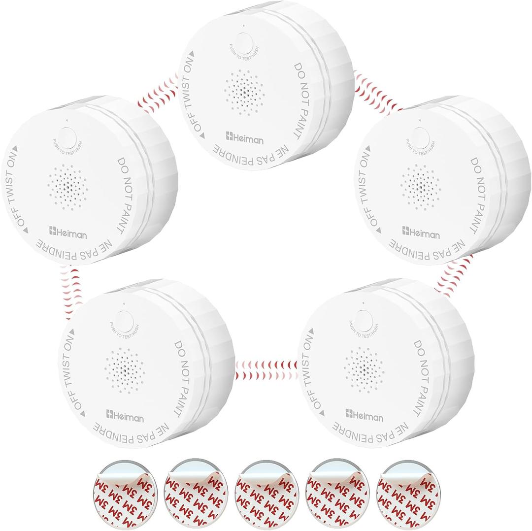 Heiman Smoke Alarm, Wireless Interconnected Photoelectric Battery Operated, Ul 217 10th Certified, Interlinked Portable Mini for Home Indoor Residential, 5 Pack, White