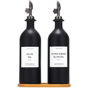 HOMCDALY Olive Oil Dispenser for Kitchen, 16oz Glass Oil Bottles with Bamboo Tray, Black Oil&Vinegar Cruet Set, Kitchen Dispenser Bottles with Pourer | Set of 2 (16oz – Black)