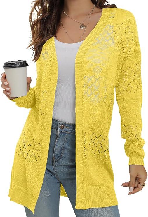 GRECERELLE Womens Lightweight Cardigan Casual Crochet Open Front Sweater Coverups with Pockets(Lemon Yellow, XX-Large)