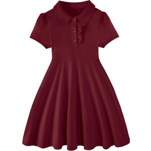 Hilinker Toddler Girls Ruffle Short Sleeve Polo Dress Cute Heart Print Uniform Dresses Burgundy 9-10Y