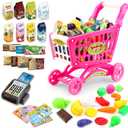deAO Kids Shopping Cart Trolley for Groceries Toddlers 65 Food Fruit Vegetables Pretend Play Food Role Play Educational Toy Play Kitchen Toys Store Playset (Pink)