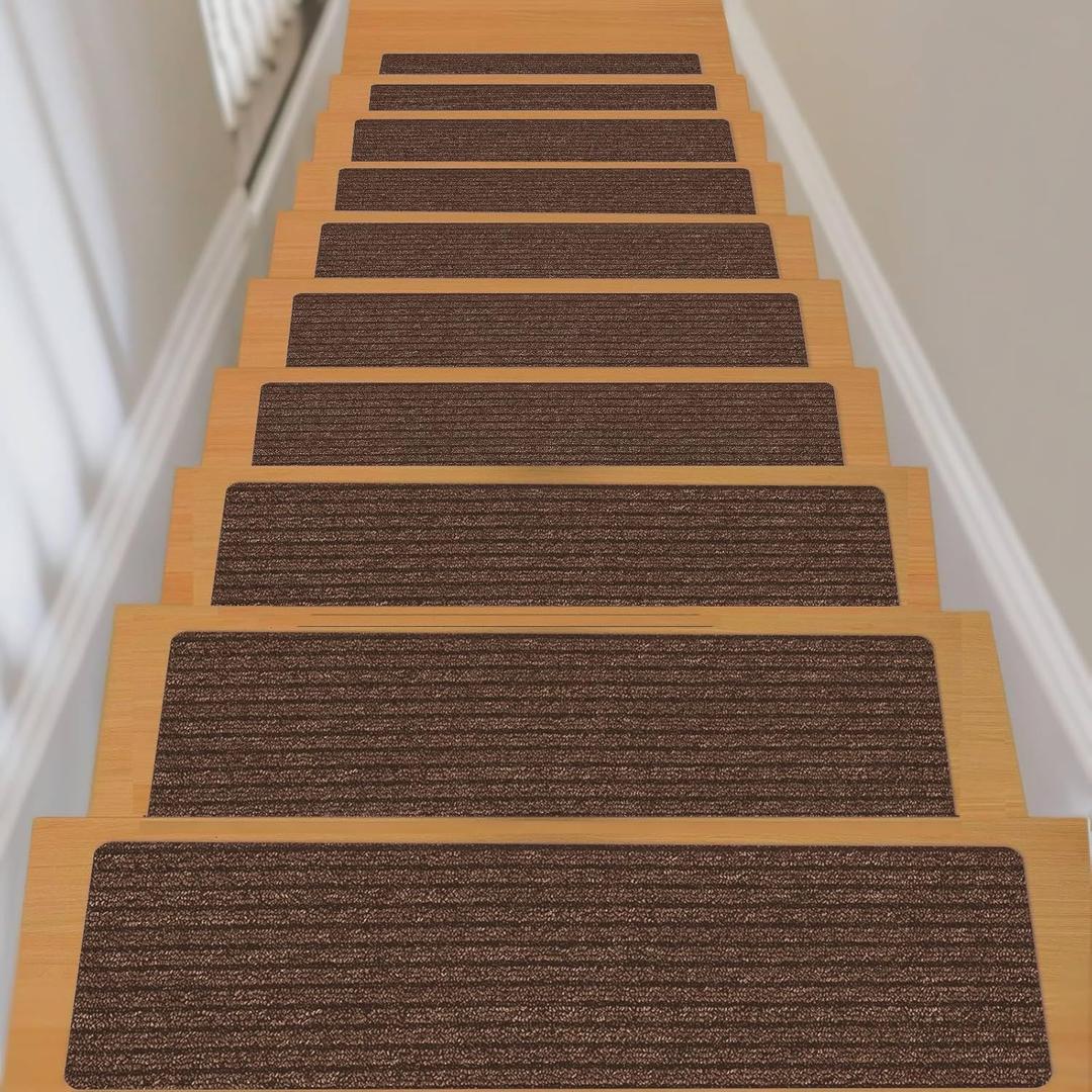 Stair Treads Non-Slip 8X30 Inch (15 Pack) Indoor Stair Runner with Reusable Self-Adhesive Backing Skid Resistant Stair Carpet to Protect Kids, Elders, and Pets - Coffee Brown