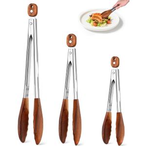 Wooden Tongs for Cooking Set of 3 (7",9",12") Natural Walnut Wooden kitchen Tongs for Grilling, Serving, BBQ and Tossing Salad etc | Ergonomic Stainless Steel Non-Slip Grip, Heat Resistant, Pull Lock