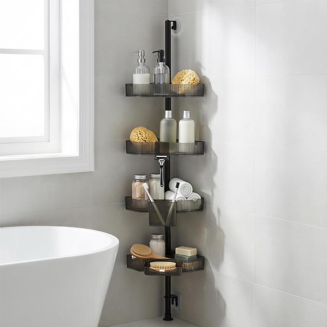Corner Shower Caddy, Extendable Rustproof Shower Organizer Adjustable 4-Tier Bathroom Shelves Anti-Tipping Bathtub Shampoo Storage Floor Standing Bath Rack Shower Shelf with Soap Dish, Black 