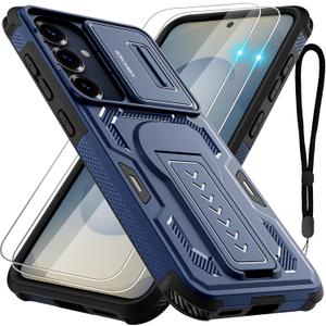 Case for Samsung Galaxy S25/S24 with 2*Screen Protector, Slide Camera Cover, Kickstand, Lanyard Strap, Dual Layer Rugged Non-Slip, Blue