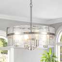 Modern Drum Chandeliers for Dining Room,19.7" Water Ripple Glass Chandelier Over Table Brushed Nickel Crystal Pendant Light Fixtures for Hight Ceiling Living Room Entryway Bedroom Kitchen,E26
