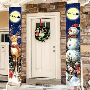 Retro Christmas Decorations Merry Christmas Door Banner Blue Snowman Reindeer Moon Yard Front Porch Sign Hanging Xmas Decor for Home Indoor Outdoor Garage Wall Front Door Party Supplies