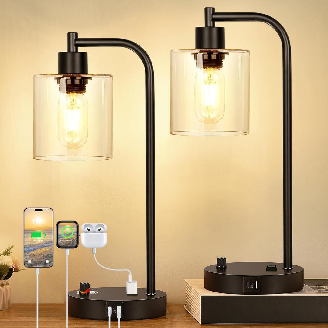 Set of 2 Industrial Table Lamps with USB C+A Ports and Outlet, Fully Stepless Dimmable Bedside Lamps for Bedrooms, Nightstand Desk Lamp with Glass Shade for Reading Living Room Office (Bulbs Included)