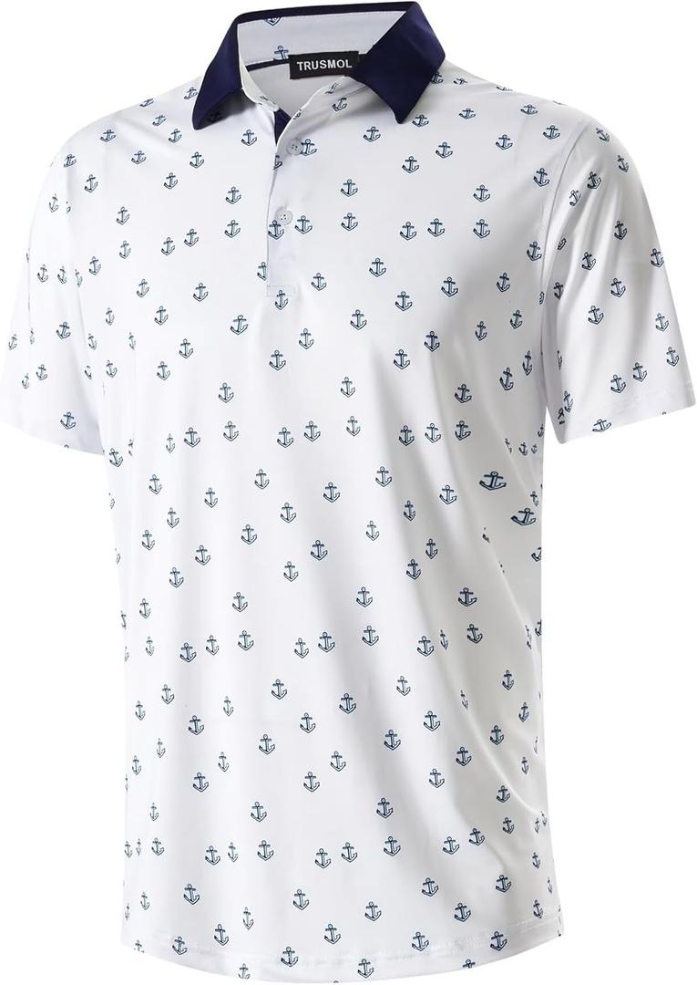 Golf Shirts for Men Dry Fit Performance Print Short Sleeve Moisture Wicking Golf Polo Shirts (White, L)