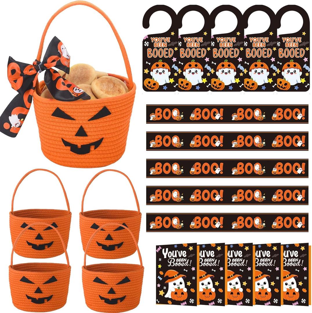 Leinuosen 5 Sets Halloween You've Been Booed Kit 5 Pumpkin Candy Buckets 5 Ghost Doorknob Hangers 5 Boo Cards, Envelopes, Ribbons We've Been Booed Spooky Ghost Gift for Neighbors Friends Coworkers