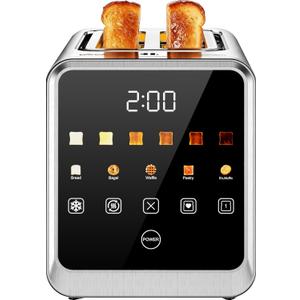 Toaster 2 Slice with Touchscreen, 1.5" Wide Slots & Memory Recall | 900W Stainless Steel Smart Digital Toasters | 6 Shade Settings for Bagels & Thick Bread | Defrost Reheat Single-Slice Mode