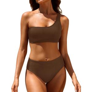 Tempt Me Women Two Piece Swimsuits Ribbed One Shoulder Bikini Sets Mid Waist Bathing Suit (Large, Brown)
