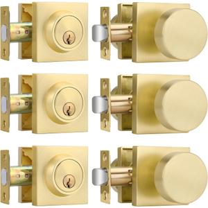 Haidms Gold Door Knobs with Deadbolt, Heavy Duty Gold Exterior Door Knobs, Zinc-Alloy Brushed Brass Front Door Knob and Deadbolt Set (3 Pack)