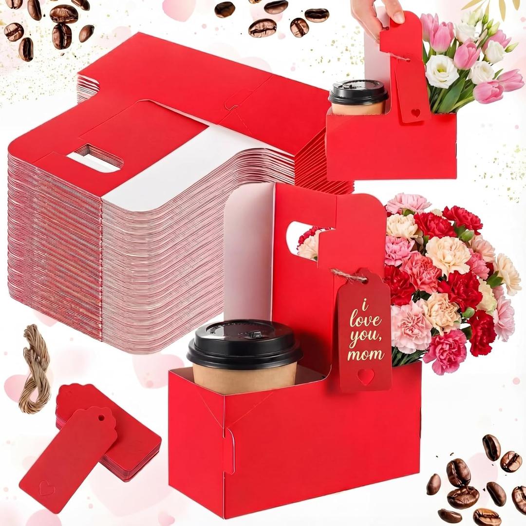 MotiMind 50 Pack Teacher Appreciation 2 Cup Drink Carrier with Handle, Kraft Paperboard Coffee Carrier Portable for Hot Cold Drinks, Back to School Teacher Gifts with Heart Card Rope (Red)