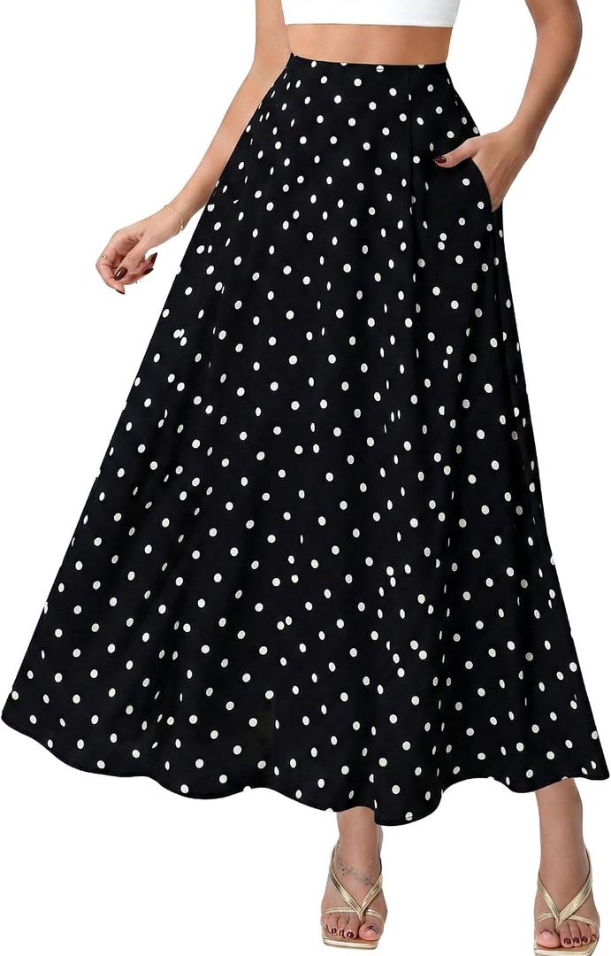 DERAX Women's Polka Dot Flowy Maxi Skirt A-Line High Waisted Vintage Retro Elegant Long Skirt with Pockets Black M