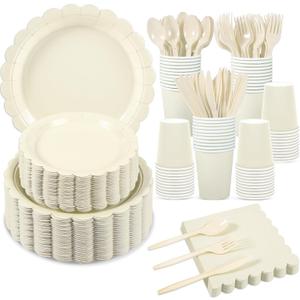 350 Pcs Ivory Dinnerware Sets, 9" Party Plates, 7" Cream Dessert Plate, 9oz Cups & Cutlery, 50 Guest Beige Scalloped Disposable Plates Set for Baby Bridal Shower, Wedding, Birthday