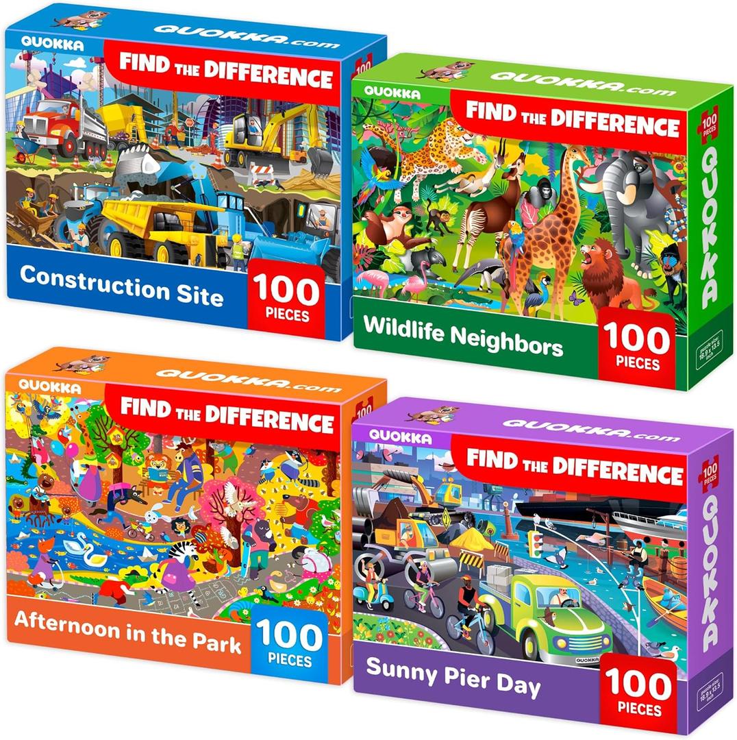 QUOKKA 100 Piece Puzzles for Kids Ages 4-6  4 Puzzles for Kids Ages 6-8  Search and Find Animals and Construction Vehicles Kid Activities for 8-10 yo  Toddler Learning Toy Game Gift for Boys 5-8