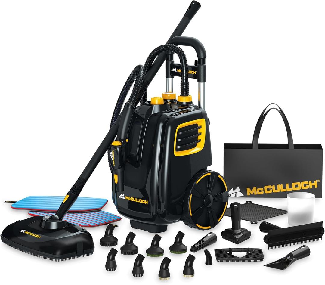 McCulloch Canister Steam Cleaner MC1375, 90 Minute Runtime, 20 Accessories: Jet Nozzle, Brushes, & More - Built for Home, Tile, Grout, Carpet, Furniture, & Personal Car Detailing