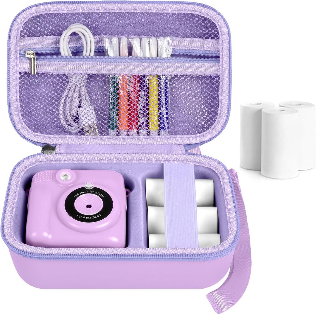 PAIYULE Kids Instant Print Camera Case for ESOXOFFORE Digital Video Cameras with 3 Rolls Paper Refill, Toddler Film Camera Storage Holder Bag with Mesh Pocket for Thermal Paper (Box Only)- Purple