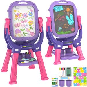 Easel for Kids, Toddler Art Easel Adjustable Standing, Magnetic Double Sided Easel with Painting Accessories Gift for Boys and Girls (Purple red)