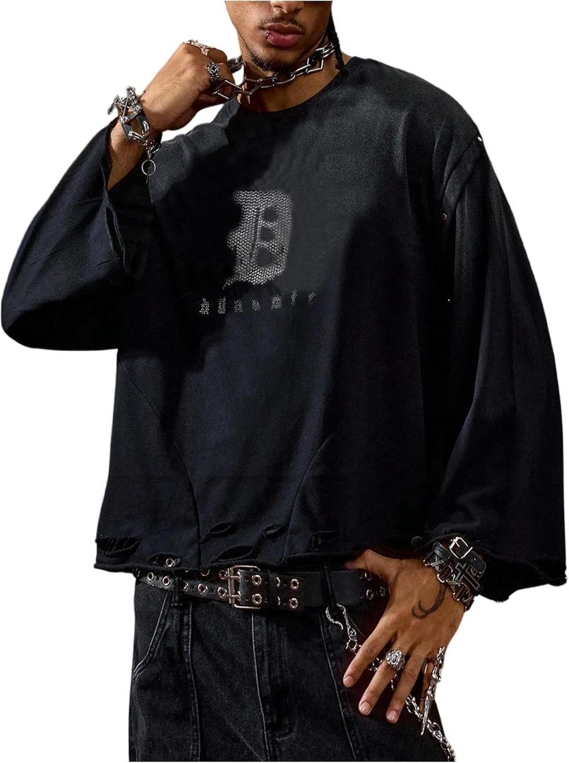 Men's Loose Long Sleeve Crew Neck T-Shirt with Sparkling Rhinestones, L