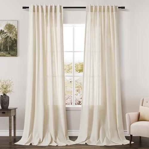 Nanspring Linen Curtains Semi Sheer Warm Beige 96 Inches Long 2 Panels Set for Living Room Back Tab Rod Pocket Light Filtering Drape for Bedroom Modern Farmhouse Coastal Decor Protect Privacy 52x96