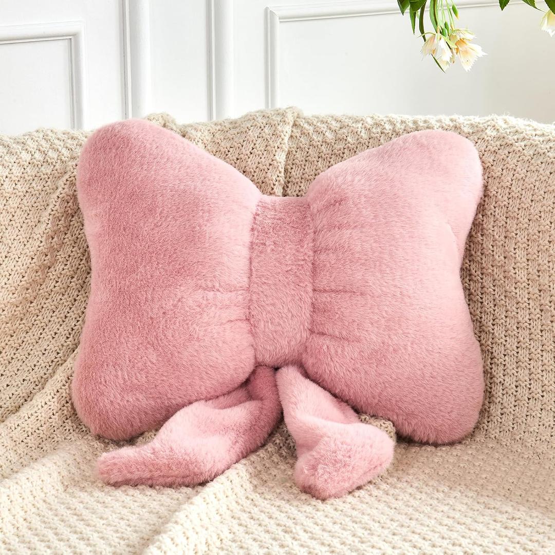 XVTRU Dusty Pink Bow Pillow, Soft Bow Decorative Pillows with Faux Rabbit Fur, Cute 12" Bow Throw Pillows, Aesthetic Home Decor Bow Shaped Plush Pillow for Bedroom Sofa Couch (Small-12 Inch)