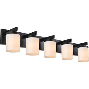 BONLICHT 5-Light Vanity Bath Light Black Modern Bathroom Light with Opal White Glass Shade, Industrial Vanity Lighting Fixtures Wall Mount for Mirror Kitchen Hallway Bedroom Reading Room