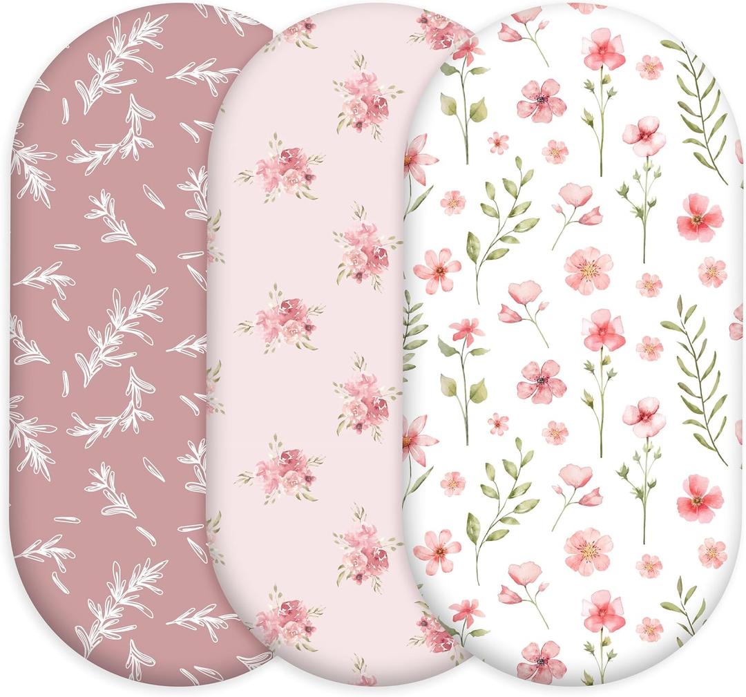 Floral Bassinet Sheets Girl 3 Pack, Breathable Cozy Fitted Mattress Sheet, Elastic Travel Bassinet Fashionable, Standard Cradle Safe Sheets for Baby Boy Girls 32" x 16"