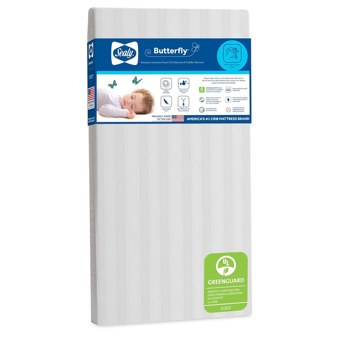 Sealy Baby Butterfly Crib Mattress plus Toddler Bed Fit, Premium American Foam, Washable Easy to Clean Zip Off Cover, GREENGUARD Gold Certified, Safety & Quality Tested, Made in USA, 52"X28" - Stripes