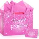 Shiny Pink Birthday Gift Bag for Lady Girls Large Hot Pink Happy Birthday Gift Bag with Tissue Paper and Card Disco Shining Stars Goodie Wrapping Bag for Women Bday Anniversary Party Supplies