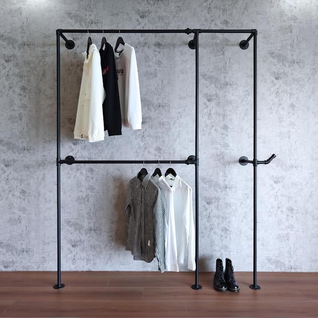 Black Industrial Pipe Clothing Rack 62.5" W Wall Mounted, Heavy Duty Iron Garment Rack 150 lbs per Rod, Open Closet Organizer for Bedroom Laundry Room Retail Display