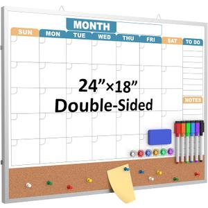 Monthly Calendar Dry Erase Board 24x18 Inch, Double-Sided Whiteboard and Corkboard Combo with Silver Aluminum Frame (Color Calendar), Wall Mounted Planner with Marker, Magnet, Push Pin, Eraser