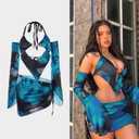 3 x CAPE CLIQUE Women Marble Print Halter Backless Dress Split Long Sleeves Sexy Slim Fit Mini Dress Cool-Street Skirt Suit Blue (Blue)