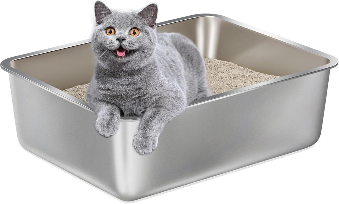 Stainless Steel Litter Box -6in High Side,Metal Litter Box for Cat/Kitty/Rabbits 17" L x 13.8" W x 6" HStainless Steel Cat LitterBox-Metal PanToilet,No Smell, Non Stick, Easy Clean