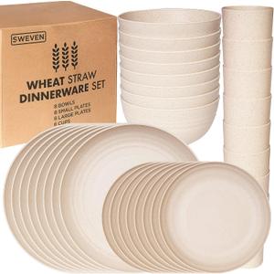 Wheat Straw Dinnerware Sets | Unbreakable Dinnerware Sets | Dishwasher Microwave Safe Dinnerware | Eco Friendly Non Breakable Dinnerware Sets | RV Outdoor Camping (Beige, Service for 8 (32 pcs))