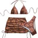 Women's 3 Piece Bikini Sets Floral Triangle Thong Bikini High Cut Swimsuit String Bathing Suit with Cover Up Skirt (Medium, Brown)