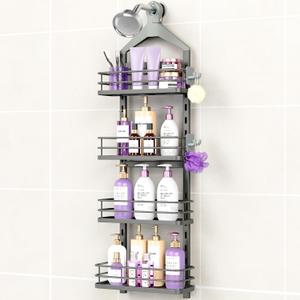 ODesign 4 Tier Height-Adjustable Shower Caddy Hanging Anti-Swing-Over The Shower Head Caddy-Shower Storage Organizer Bathroom Shelves Basket Rack Shower Caddies-Grey