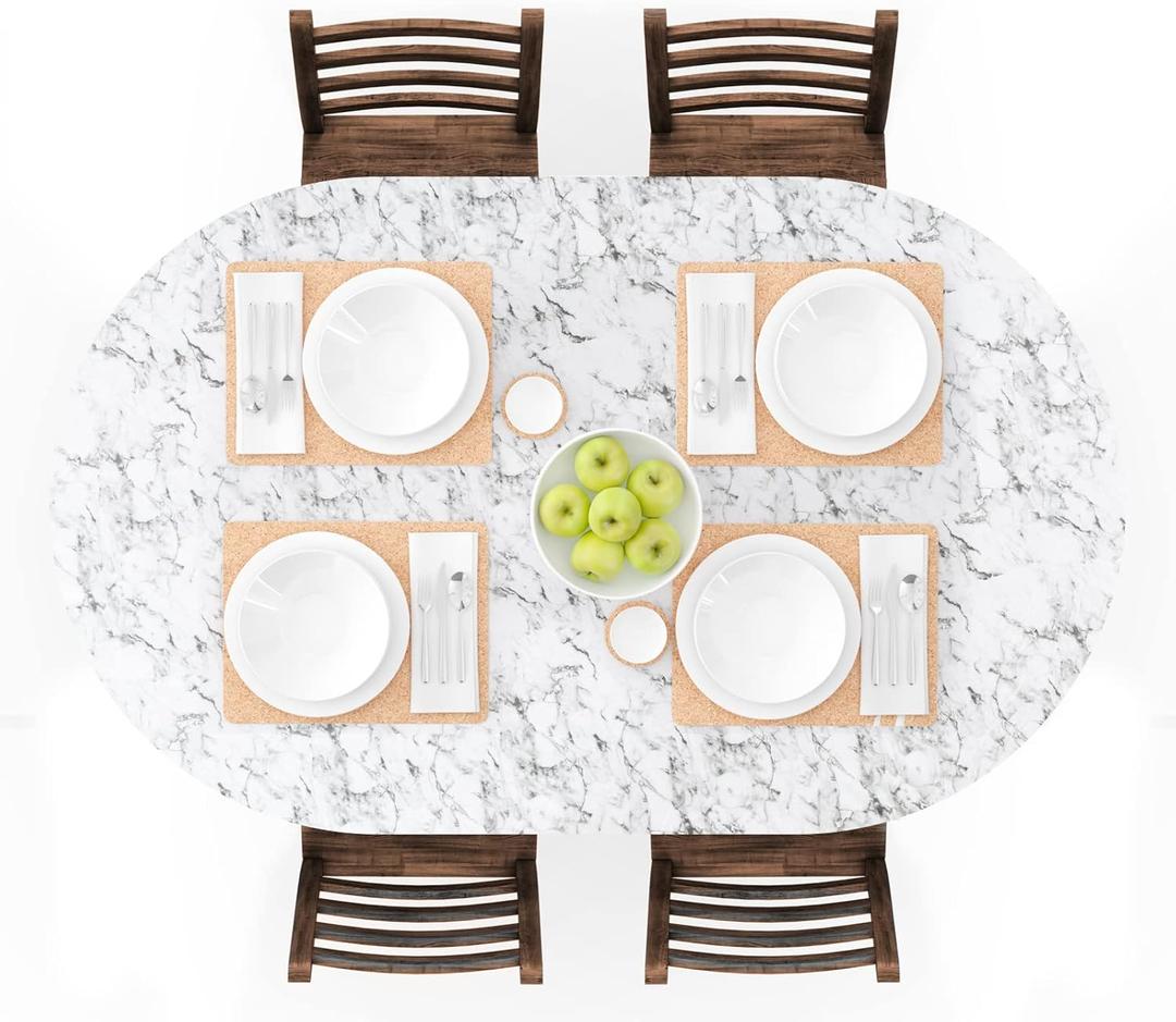 UMINEUX Oval Fitted Vinyl Tablecloth with Elastic Edged & Flannel Backing, Waterproof Wipeable Oval Table Cover - Fits Tables up to 42"X68" (White Marble)
