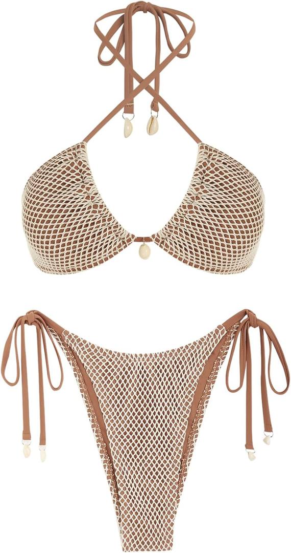 ZAFUL Women's Bikini Set Fishnet Triangle Tie Convertible Collar Halter Bandeau Shell Two Piece Bathing Suit (X-Large, Brown)