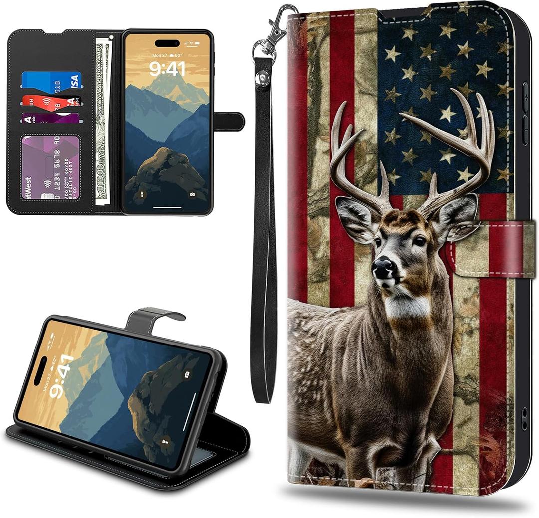 RYUITHDJP for Samsung Galaxy A16 5G Wallet Phone Case with Card Holder,RFID Blocking PU Leather Case for Women,Shockproof Flip Cover for Samsung Galaxy A16 5G,Camo Deer Flag
