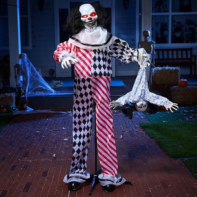 JOYIN 65" Halloween Animatronics Clown Holding Doll, Life Size Halloween Decoration Outdoor with Motion & Sound & Light, Sound Activated Animated Decor for Party Supplies Haunted House Yard Lawn
