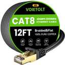 Cat 8 Ethernet Cable 12 FT Flat, High Speed 40Gbps 2000Mhz Braided Internet Cable with Gold Plated RJ45 Network LAN Cable SSTP, Heavy Duty Ethernet Cord Compatible for PS4/5, for Modems, PC/Laptop