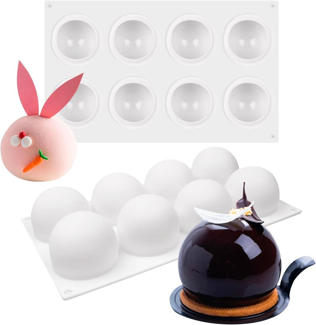 Sphere Silicone Cake Mold, 3D Ball Mousse Cake Molds for Baking, French Dessert Chocolate Fondant Molds for Candy Truffle Cupcake Jelly Pudding Ice Soap (8-Cavity)